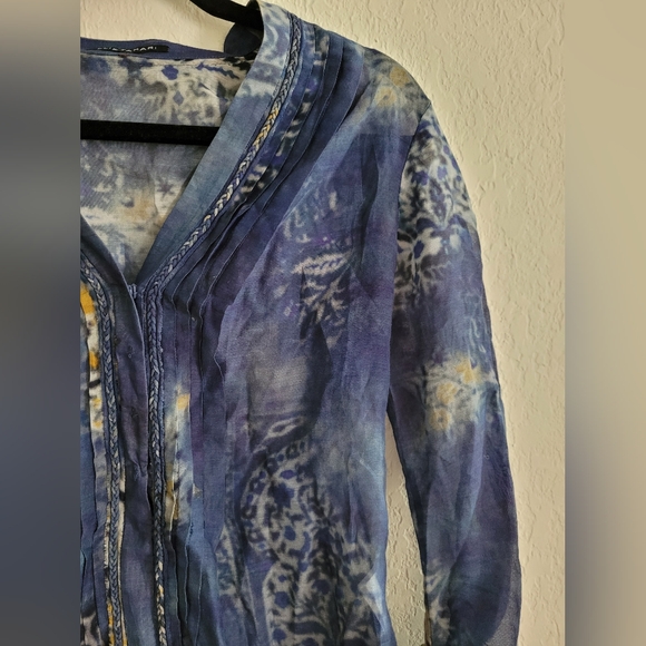 Elie Tahari cotton + silk blue paisley boho top | size small - Picture 2 of 5